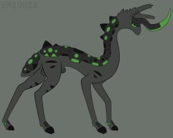 1_horn absurd_res animal_genitalia artist_name balls black_markings black_sclera black_scutes cloven_hooves darkened_balls darkened_genitalia darkened_sheath dewclaw_hooves emionix feral flat_colors fully_sheathed fur genitals green_eyes green_markings grey_background grey_balls grey_body grey_fur grey_sheath hi_res hoofbeast hooves horn lidded_eyes long_ears long_neck male markings mouthless nonbinary_(lore) noseless omnigon omnitope pawn_(emx) pupils quadruped scutes sheath short_tail side_view simple_background slim slim_feral slim_male slit_pupils snout solo solo_male spikes spikes_(anatomy) standing striped_markings stripes tail tapering_snout text thick_tail thin_legs toony unguligrade