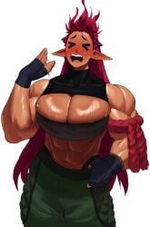 >_< 1girls abs ali_(sotcho) big_breasts blush cleavage_cutout closed_eyes female female_only fingerless_gloves hand_fan heavy_blush long_hair muscles muscular muscular_female open_mouth pointy_ears red_hair solo sotcho very_high_resolution wavy_mouth white_background