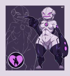 1girls alien alien_girl averag3artist18 ben_10 bodysuit chaquetrix echo_echo female heart huge_breasts looking_at_viewer oversized_forearms purple_eyes shiny_clothes shiny_skin short_stack shortstack skin_tight smile solo sonorosian thick_thigh white_skin wide_hips