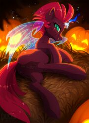 2017 anus blue_eyes broken_horn digital_media_(artwork) equine eye_scar female feral fizzlepop_berrytwist_(mlp) food fruit hair hi_res hioshiru hooves horn jack-o'-lantern looking_at_viewer magic mammal my_little_pony my_little_pony_the_movie pink_hair pumpkin pussy scar slit_pupils solo tempest_shadow_(mlp) unicorn