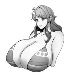 bikini breasts female female_only greyscale huge_breasts large_breasts monochrome nami one_piece post-timeskip romo_(samesameyeah) solo striped_bikini upper_body