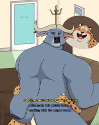 anal anal_sex anthro ass benjamin_clawhauser big_butt blurred_background blush bovid bovine cape_buffalo chair cheetah chief_bogo dialogue disney duo felid feline furniture genitals ha_a_monkey hi_res male male/male mammal muscular muscular_male office office_chair office_sex on_lap overweight overweight_male penetration penile penile_penetration penis penis_in_ass rear_view size_difference small_dom_big_sub text zootopia