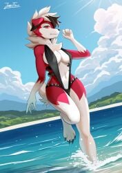 anthro bikini breasts canid canine canis claws cleavage clothing female fur generation_7_pokemon jumiifoxx_(artist) lycanroc mammal midnight_lycanroc multicolored_body multicolored_fur nintendo pokemon red_body red_fur rez_aether_(character) solo swimwear toe_claws werecanid werecanine werewolf white_body white_fur white_hair