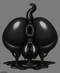 1girls ai_generated anus ass ass_focus bent_over black_body black_goo black_slime butt darkeffect female_only goo presenting_hindquarters pussy rear_view simple_background slime slime_girl slime_monster tail thick_thighs wide_hips