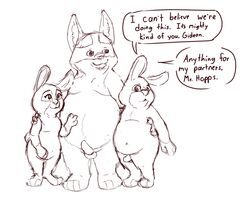 2016 anthro balls belly black_and_white bonnie_hopps canine disney female flat_chest fox fur gideon_grey group group_sex lagomorph male mammal married monochrome navel nude overweight overweight_male penis rabbit raspberrybutt sex simple_background slightly_chubby stu_hopps text threesome white_background zootopia