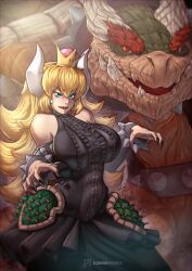 1boy 1boy1girl 1girls bare_shoulders big_breasts blonde_hair blue_eyes blush bowser bowsette clothed clothing crown female horns jewelry kawaindex koopa large_breasts light-skinned_female light_skin long_hair looking_at_viewer male male/female mario_(series) muscular muscular_male new_super_mario_bros._u_deluxe nintendo red_eyes red_hair reptile super_mario_bros.