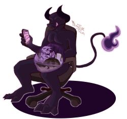 black_body black_horns black_tail bulging_belly duo eyeless eyeless_male fire_tail food food_fetish food_play obsidian_trash ori_(series) original_character preril_(assbeaterr34) purple_tongue sitting sitting_on_chair spirit texting vore