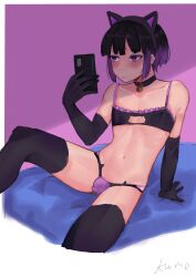 1boy bell_collar black_and_purple_hair bulge cat_costume emile_laurent femboy kumo_no_mae male male_only selfie solo thong