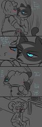 2016 animal_genitalia animal_penis anthro blue_eyes blush bottomless cheek_tuft chest_tuft clancy_(inkyfrog) clothing comic crying cum cum_on_stomach dialogue disney duo english_text fan_character frottage furry gay grey_background inkyfrog koala male male_only mammal marsupial mustelid nipples penis polecat restricted_palette sex simple_background sitting sweat teal_eyes tears text tuft yaoi zootopia