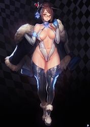 1girls bodysuit breasts cleavage curvy female glasses instant-ip mei_(overwatch) opera_gloves overwatch solo standing thick_thighs thigh_high_boots toned wide_hips