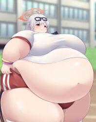 1girls 2023 amami317 bbw belly blue_archive breasts fat female female_focus gehenna_academy_student gourmet_research_society_(blue_archive) grey_hair gym_uniform halo haruna_(blue_archive) haruna_(gym_uniform)_(blue_archive) hi_res high_resolution highres hips huge_belly huge_breasts long_hair navel obese obese_female overweight overweight_female plump red_eyes solo solo_female solo_focus sunglasses sunglasses_on_head wide_hips