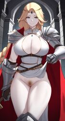 ai_generated blonde_hair cape cleavage fire_emblem fire_emblem_heroes gauntlets gray_eyes greaves huge_breasts loincloth long_hair nintendo nott_(fire_emblem) novelai pale_skin parted_bangs pauldrons pubic_hair sidelocks single_braid skirt_lift sleeveless