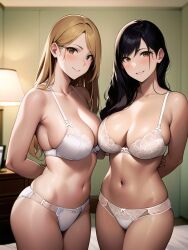 2girls ai_generated ai_mirror arms_behind_back bed bedroom belly_button black_hair blonde_hair blush brown_eyes dresser lamp long_hair looking_at_viewer medium_breasts smile together underwear white_skin white_underwear