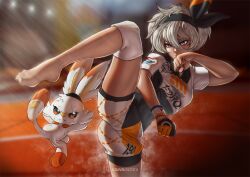 1girls ass ass bea_(pokemon) breasts clothed clothing color dark-skinned_female dark_skin exercise female female_focus female_only fighting game_freak grey_eyes grey_hair gym_clothes gym_leader hi_res kawaindex nintendo pokémon_(species) pokemon pokemon_ss pokemon_trainer scorbunny shirt short_hair tagme