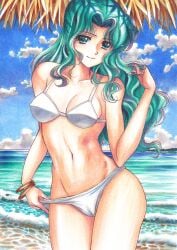 alluring bikini bishoujo_senshi_sailor_moon bracelet cameltoe cleavage closed_mouth collarbone contrapposto cowboy_shot curly_hair female floating_hair groin h hair_intakes highres jewelry long_hair looking_at_viewer marker_(medium) medium_breasts michiru_kaiou navel ocean sailor_neptune sideboob smile solo standing swimsuit teal_eyes teal_hair tomoeri traditional_media very_long_hair white_bikini