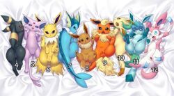 eevee eeveelution espeon female feral feral_only flareon generation_1_pokemon generation_2_pokemon generation_4_pokemon glaceon group jolteon leafeon nintendo pokemon pokemon_(species) sylveon umbreon vaporeon