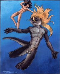 1990s 1995 20th_century 2boys anthro black_eyes blonde_hair duo frank_gembeck furry genitals human male male_focus male_only mustelid naked naked_male nipples nude nude_male nudity otter penis testicles underwater webbed_feet webbed_hands