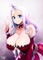 1girls bare_shoulders big_breasts blue_eyes breasts_bigger_than_head cleavage cleavage_cutout color fairy_tail female female_only hi_res large_breasts light-skinned_female light_skin long_hair looking_at_viewer low_neckline mirajane_strauss plump_breasts smiling smiling_at_viewer solo solo_female tagme thegoldensmurf tight_clothing v_sign victory_sign white_hair