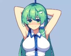 1girls animated armpits arms_behind_head arms_up blue_dress blush bondage bound bound_wrists breasts collared_shirt dress female frog frog_hair_ornament furumero green_eyes green_hair hair_ornament hair_tubes japanese_clothes kochiya_sanae large_breasts long_hair looking_at_viewer miko no_sound nontraditional_miko pixel_art restrained rope sanae_kochiya shirt shorter_than_10_seconds shorter_than_30_seconds sleeveless sleeveless_shirt snake snake_hair_ornament solo tagme touhou upper_body video white_shirt