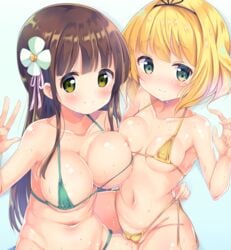 2girls arm_up armpits assisted_exposure asymmetrical_docking bangs bare_arms bare_shoulders belly bikini blonde_hair blue_eyes blunt_bangs breast_press breasts cameltoe cleavage closed_mouth collarbone erect_nipples eyebrows eyebrows_visible_through_hair flower gochuumon_wa_usagi_desu_ka? gradient gradient_background green_bikini green_eyes hair_flower hair_ornament hairband hand_gesture kirima_sharo kurou_(quadruple_zero) large_breasts long_hair looking_at_viewer micro_bikini multiple_girls navel pussy_juice short_hair sidelocks simple_background small_breasts smile stomach swimsuit tareme ujimatsu_chiya undressing untied untied_bikini very_long_hair w wet white_flower yellow_bikini yuri