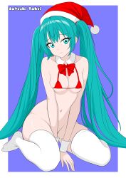 1girls 2023 aqua_hair big_breasts bikini bikini_top christmas female female_focus green_hair hatsune_miku light-skinned_female light_skin looking_at_viewer micro_bikini santa_hat satoshi_takei twintails vocaloid