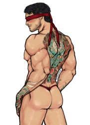 ass ass_focus bara beard biceps big_ass black_hair blindfold blush bubble_butt kenshi_takahashi male male_focus male_only mortal_kombat mortal_kombat_1_(2023) muscular_male netherrealm_studios no_visible_genitalia pecs red_thong solo_male tattoo_on_back tattoo_on_hand thong white_background