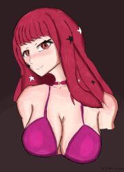 1girls bangs bikini breasts brown_background choker cleavage facial_mark facial_tattoo female female_only fire_emblem fire_emblem_engage hair_ornament izumi_niche large_breasts long_hair nintendo purple_bikini purple_swimsuit red_eyes red_hair smile solo star star_(symbol) swimsuit yunaka_(fire_emblem)