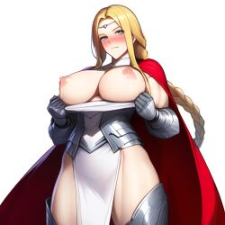 ai_generated blonde_hair cape female fire_emblem fire_emblem_heroes gauntlets gray_eyes huge_breasts loincloth muscular muscular_female muscular_thighs nintendo nipples nott_(fire_emblem) novelai pale_skin parted_bangs presenting_breasts shirt_down shirt_pull sidelocks single_braid solo