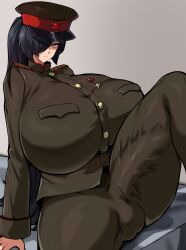 1futa balls big_penis black_hair breasts bulge bulge_down_leg bulge_through_clothing clothed clothing erection erection_under_clothes fully_clothed futa futa_only futanari gigantic_breasts hat horny huge_breasts huge_cock human large_breasts light-skinned_futanari light_skin looking_at_viewer military military_hat military_jacket military_uniform one_eye_covered penis penis_bulge penis_under_clothes ponytail solo solo_futa soviet testicles tiger_drop uniform yellow_eyes