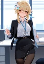 1futa ai_generated balls balls_under_clothes black_jacket black_skirt blonde_hair breasts bulge bulge_through_clothing clothed cum cum_drip cum_on_clothes cum_on_penis cum_on_thighs cum_through_clothes cumdrip cumshot dickgirl doseogwan ejaculation ejaculation_under_clothes employee_uniform erect_penis erection erection_under_clothes erection_under_skirt futa_only futanari genshin_impact hair_flower hands-free handsfree_ejaculation holding_object holding_paper indoors jacket jacket_open looking_at_viewer lumine_(genshin_impact) miniskirt name_tag office office_clothing office_lady open_mouth orgasm_without_stimulation pantyhose pencil_skirt penis penis_bulge penis_under_clothes shirt short_hair short_skirt skirt solo solo_futa standing tenting thighs visible_penis_shape white_shirt yellow_eyes