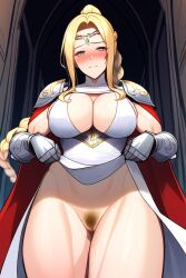 ai_generated blonde_hair cape cleavage fire_emblem fire_emblem_heroes gauntlets gray_eyes huge_breasts muscular_female muscular_thighs nintendo nott_(fire_emblem) novelai pale_skin parted_bangs pauldrons pubic_hair sidelocks single_braid skirt_lift