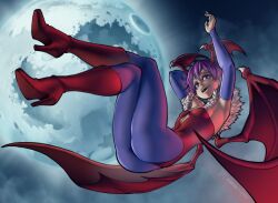 1girls ass big_ass big_butt clothed clothing color darkstalkers demon demon_girl demon_horns demon_wings female female_focus female_only flying head_wings hi_res kawaindex legs_up light-skinned_female light_skin lilith_aensland looking_at_viewer moon purple_eyes purple_hair short_hair small_breasts solo solo_female succubus tagme thick_thighs