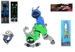 2d artist_request blue_(rvtft) blue_cum commentary_request commission deviltech jack-o_pose mint_(rvtft) robot robot_girl robot_tail romeo_vs_the_fnaf_timeline_(rp) sans stealth_mask vally03