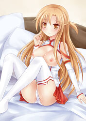 1girls aincrad ass bed blush breasts brown_eyes brown_hair feet female female_only gloves human long_hair long_legs looking_at_viewer nikoo nipples no_shoes on_bed open_clothes open_mouth panties pantyshot sitting skirt solo sweat sword_art_online thighhighs underwear upskirt white_legwear white_panties yuuki_asuna