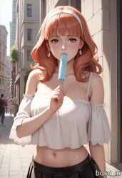 ai_generated bosu_ai celica_(fire_emblem) city cleavage fire_emblem looking_at_viewer midriff navel popsicle princess red_hair royalty sexually_suggestive standing sucking_popsicle teenage_girl teenager