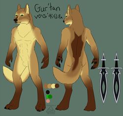 1boy anthro bakari balls canine fur looking_at_viewer male male_only mammal melee_weapon model_sheet nude solo standing sword weapon