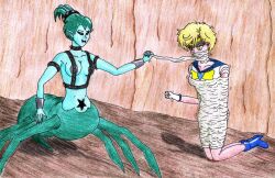 arthropod arthropod_abdomen bishoujo_senshi_sailor_moon clothing drider haruka_tenou high_heel_boots high_heels restrained sailor_uranus small_breasts spider_girl spider_humanoid traditional_media zoe-the-pink-ranger