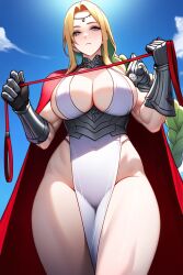 1girls ai_generated blonde_hair cape cleavage eye_contact female femdom fire_emblem fire_emblem_heroes from_below gauntlets gray_eyes huge_breasts leash leash_and_collar loincloth long_hair muscular_arms muscular_female muscular_thighs nintendo nott_(fire_emblem) novelai pale_skin parted_bangs pauldrons sidelocks single_braid sleeveless solo