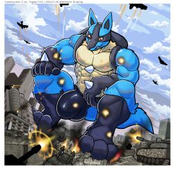 aircraft airplane anthro blue_body bulge canid canine city clothing crouching destruction detailed_bulge explosion generation_4_pokemon hi_res jet lucario macro male male_only mammal muscular muscular_male nintendo pokemon pokemon_(species) red_eyes speedo swimwear tank vehicle wolfmalro