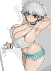 1girls armpits booty_shorts breasts dolphin_shorts emotionless emotionless_female female hi_res huge_breasts indifferent kelvin_hiu large_breasts massive_breasts naughty_face original original_character short_hair short_shorts shorts tank_top tomboy top_heavy unamused unaware white_hair yuki_(kelvin_hiu)