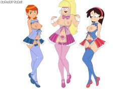 3girls ben_10 blonde_hair breasts brown_hair cartoon_network crossover disney female female_focus female_only gravity_falls green_eyes gwen_tennyson light-skinned_female light_skin medium_breasts multiple_girls nickelodeon nipples orange_hair pacifica_northwest satoshi_takei sid_chang the_casagrandes the_loud_house white_background