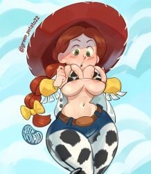 2024 big_breasts blue_background bow_in_hair braided_hair breasts cow_print cow_print_bikini cowboy_hat cowgirl disney female female_focus female_only green_eyes greenpotato jessie_(toy_story) nipples orange_hair pixar red_hair sky_background small_bikini thick_thighs thighs toy_story toy_story_2 wide_hips