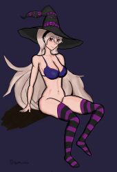 1girls bare_thighs blue_background bra breasts brown_hair cleavage corrin_(fire_emblem) corrin_(fire_emblem)_(female) female female_only fire_emblem fire_emblem_fates hair_between_eyes hairband halloween halloween_costume hat izumi_niche long_hair looking_at_viewer medium_breasts nintendo red_eyes sitting smile solo thighhighs thighs very_long_hair witch witch_hat