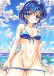 alluring ami_mizuno beach bikini bikini_pull bishoujo_senshi_sailor_moon blue_eyes blue_hair blue_sky blush breasts_apart clothes_pull cloud covered_erect_nipples earrings embarrassed female female_focus front-tie_bikini_top front-tie_top groin high_res jewelry looking_at_viewer matching_hair/eyes medium_breasts midriff navel ocean sand short_hair sky swimsuit tomoeri under_boob water