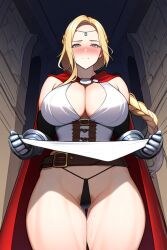 ai_generated blonde_hair cape cleavage fire_emblem fire_emblem_heroes gauntlets gray_eyes huge_breasts loincloth long_hair muscular_female nintendo nose_blush nott_(fire_emblem) novelai pale_skin panties parted_bangs pubic_hair pussy_juice_drip sidelocks single_braid skirt_lift sleeveless