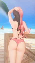 1girls 3d arm_behind_head ass backboob beach big_ass big_breasts bikini breasts brown_hair busty drink female from_behind highres large_breasts legs looking_at_viewer makeup neo_(rwby) nyxxzeiss ocean pink_hair pose posing rwby sensual solo swimsuit thighs water