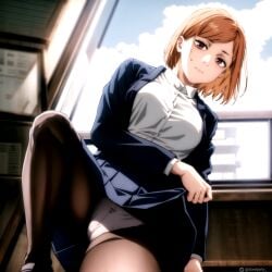 ai_generated aim_patreon brown_eyes brown_hair clothes_lift female indoors jujutsu_kaisen kugisaki_nobara lifted_by_self looking_at_viewer medium_breasts panties panties_under_pantyhose pantyhose short_hair skirt skirt_lift solo underwear white_panties