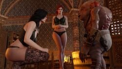 2girls 3d ass belethor's_smut black_hair female male monster red_hair the_witcher_(series) the_witcher_3:_wild_hunt triss_merigold uma underwear yennefer