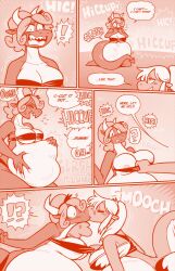 anthro ass beach big_breasts big_butt bikini blush blush_lines breasts claws clothing comic domestic_cat dominant dominant_female dragon dragon_tail english_text felid feline felis female female/female finger_claws group hair hair_over_eye hi_res hiccuping horn kiss_on_lips kissing larger_female lizard male male/female mammal mythological_creature mythological_scalie mythology nipple_slip organs overweight ponytail reptile rumbling_stomach scalie sharp_teeth shyguy9 size_difference sophie_(shyguy9) spade_tail stomach stomach_bulge swimwear tail teeth text toe_claws two-piece_swimsuit vore