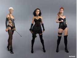 3d 3girls black_corset black_hair black_panties collar corset dominatrix fishnet_legwear fishnets multiple_girls panties red_hair riding_crop shytimide thighhighs underwear white_hair